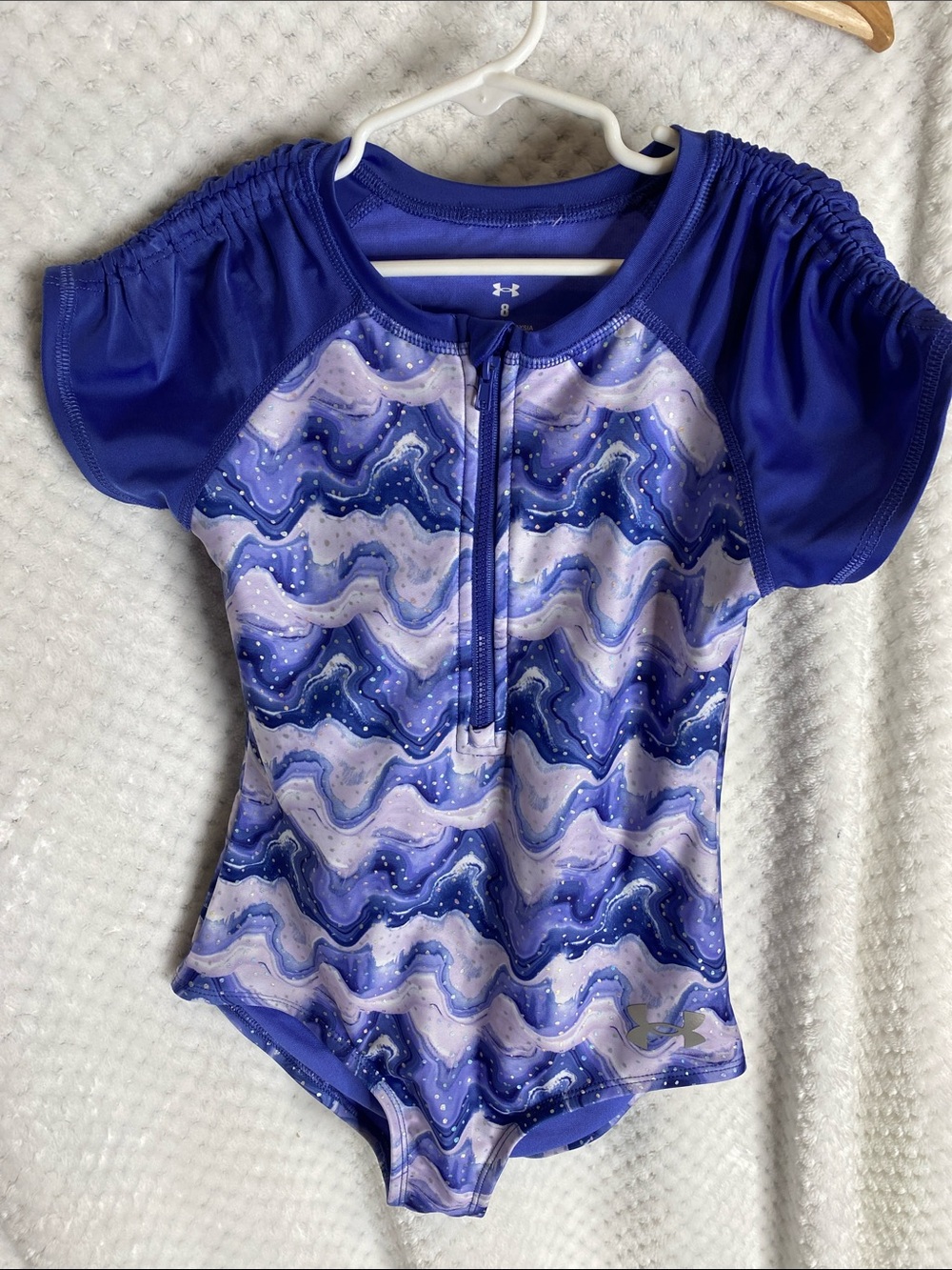 Under Armour Girls Blue Purple Wave Front-Zip Rashguard One-Piece Swimsuit